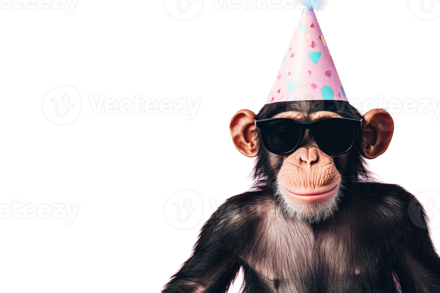 Chimpanzee with birthday hat and glasses, funny celebration, cut out transparent png