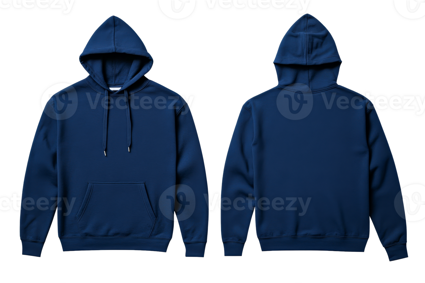 Navy hoodie front and back on black background, cut out transparent png