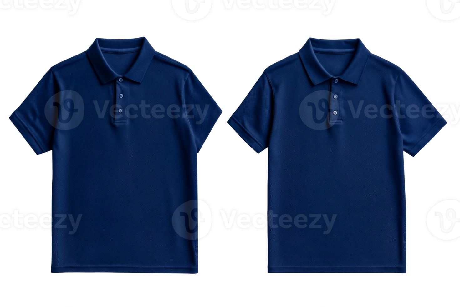 Two navy blue polo shirts mock up, front and back view, cut out transparent png