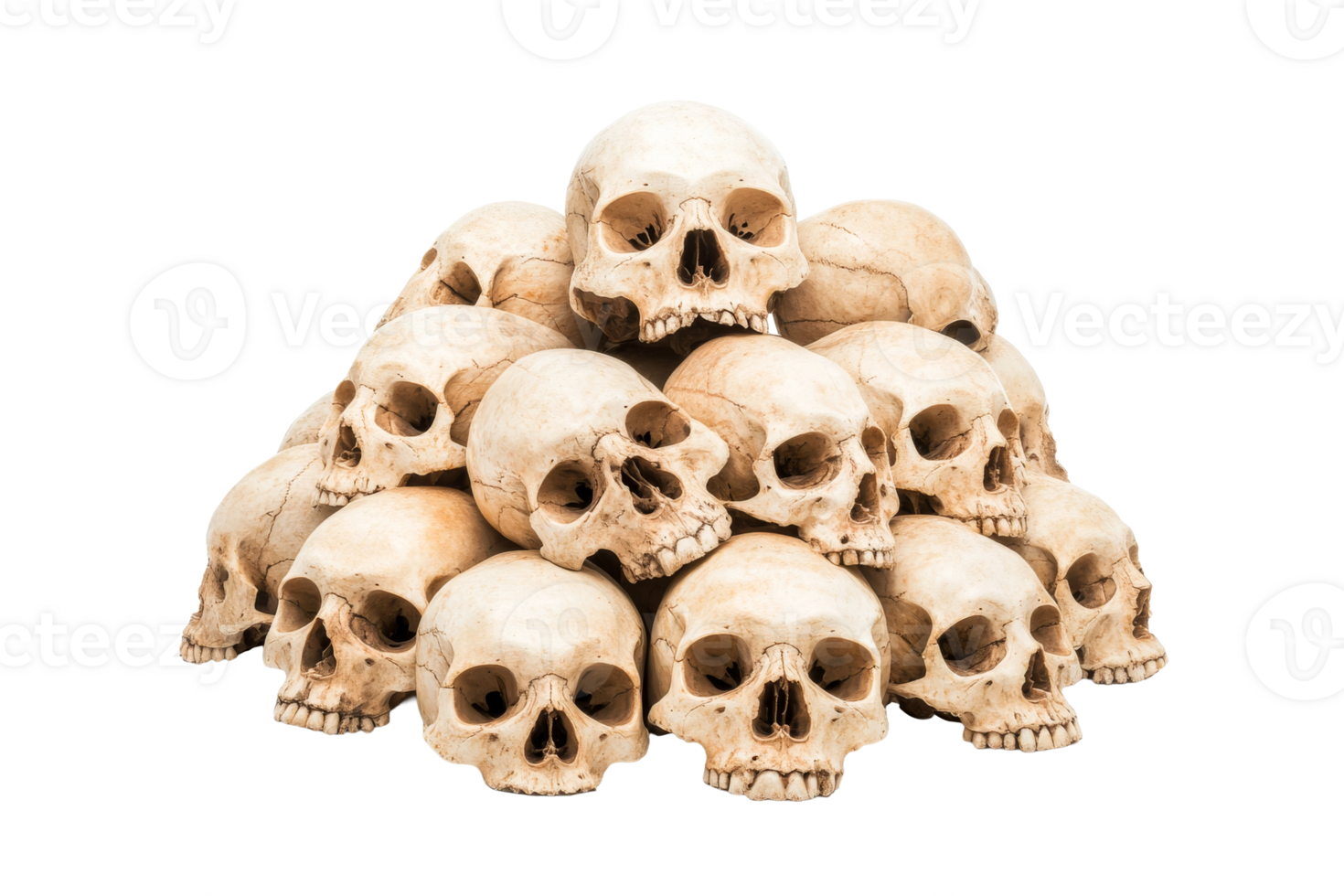 Pile of human skulls pyramid arrangement, morbid art, cut out transparent png