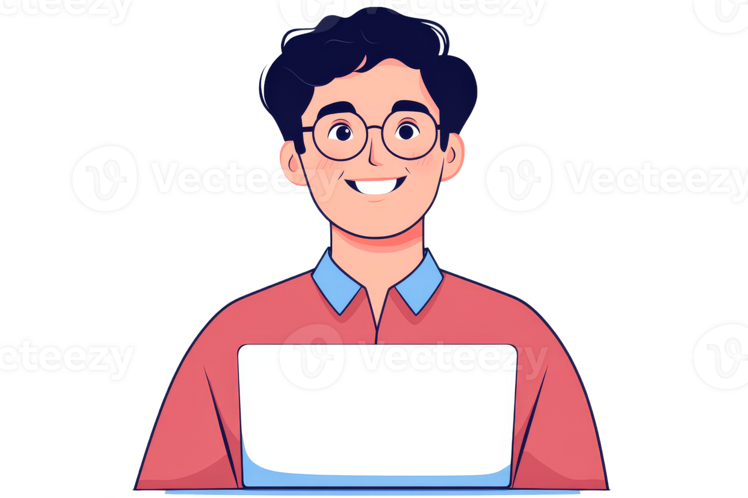 Young man with glasses and laptop smiling, cut out transparent png