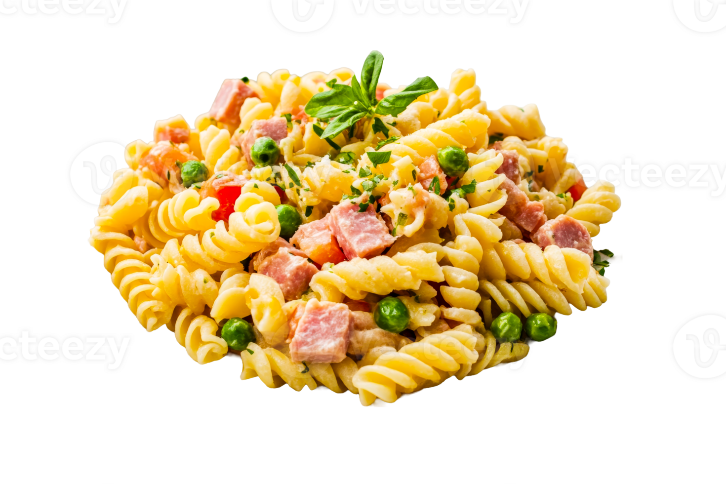 Pasta salad with ham and basil, cut out transparent png