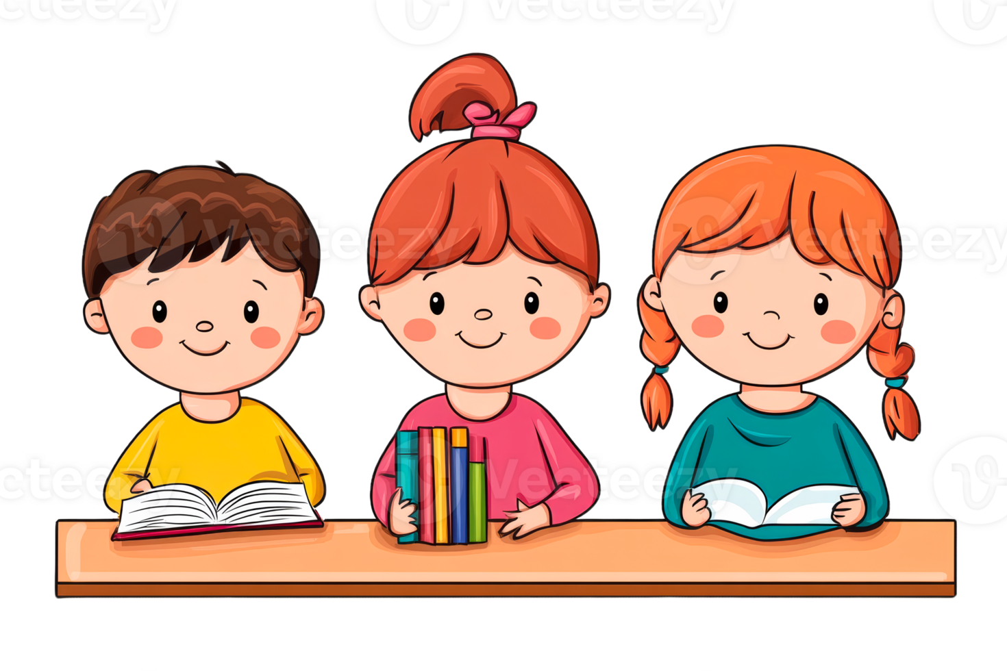 Three cartoon students reading at desk, education scene, cut out transparent png