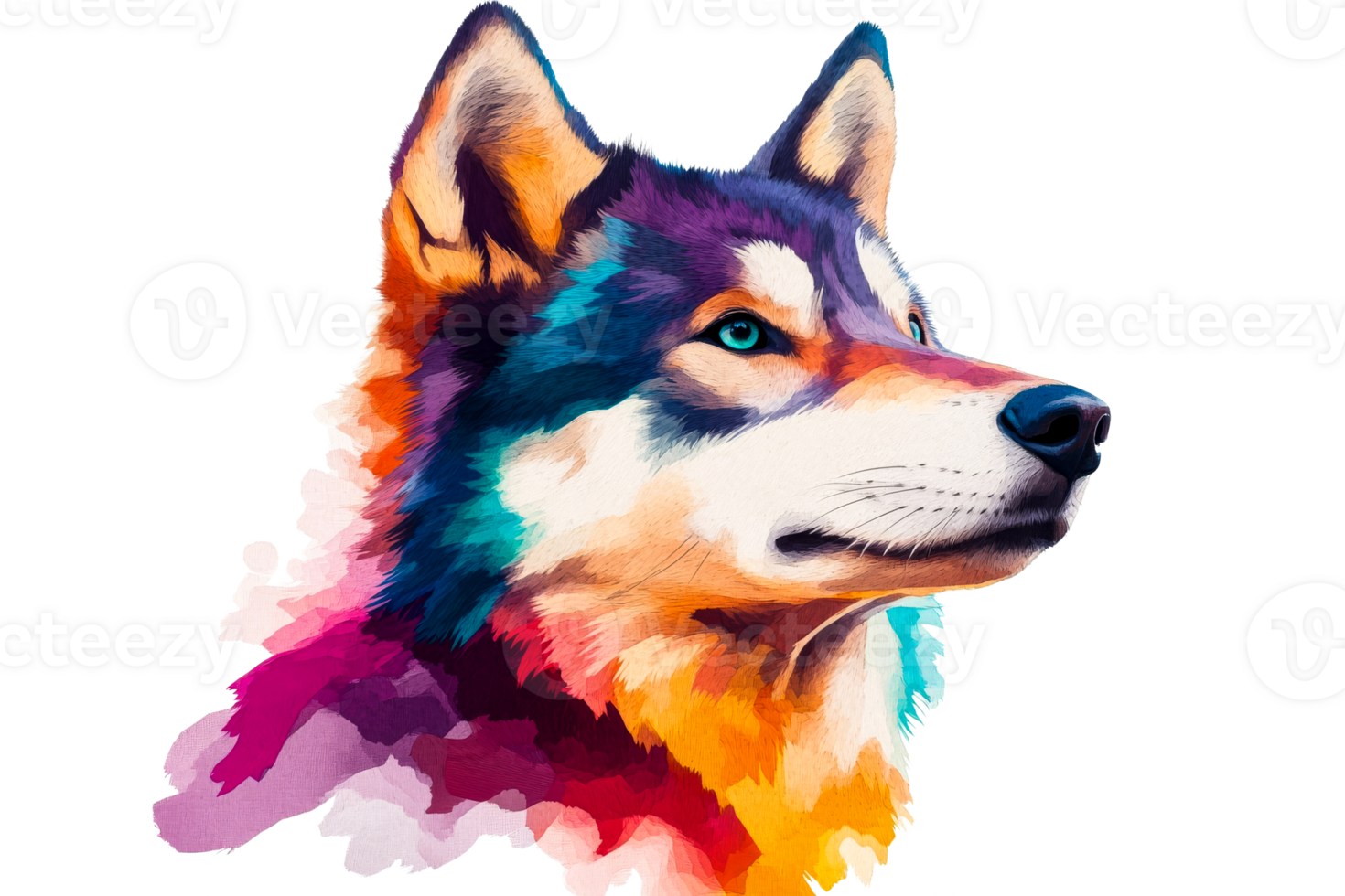 Colorful wolf portrait, unique art style, wild animal design , cut out transparent png
