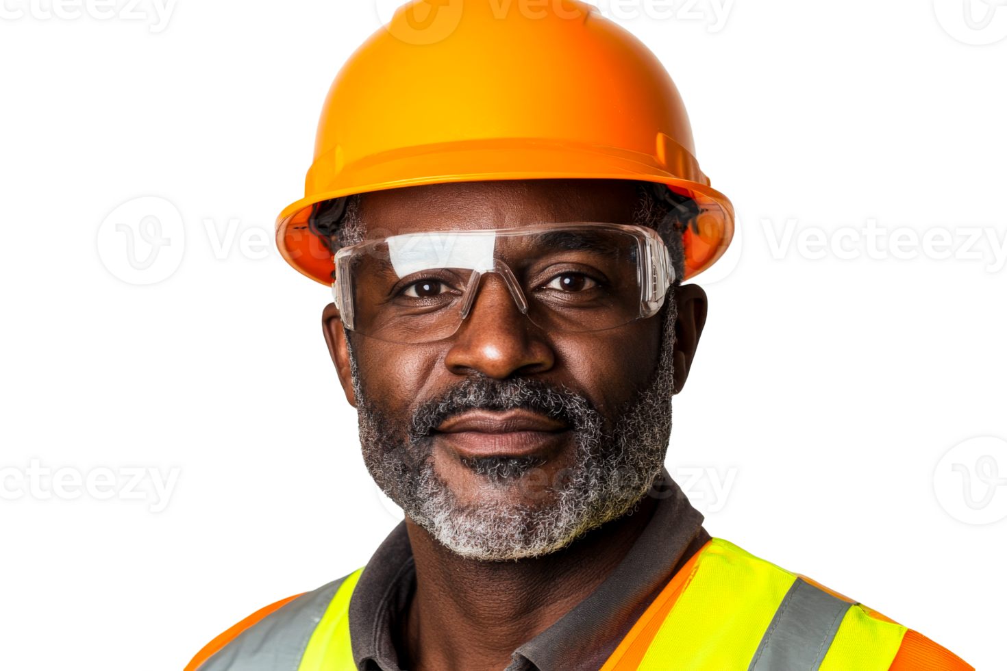 Man construction worker with safety helmet and vest, cut out transparent png