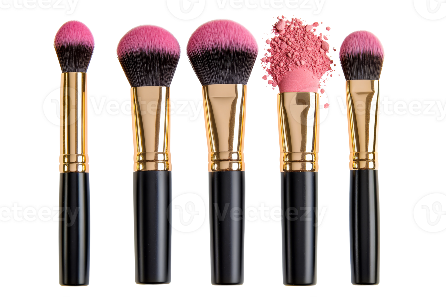 Set of pink makeup brushes on black background, cut out transparent png