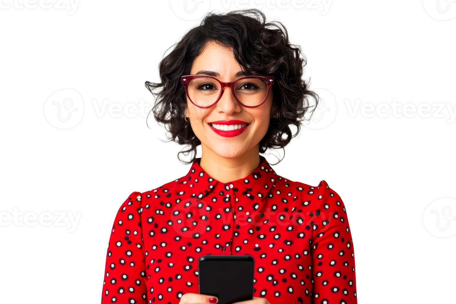 Smiling young woman with smartphone, stylish glasses, cut out transparent png