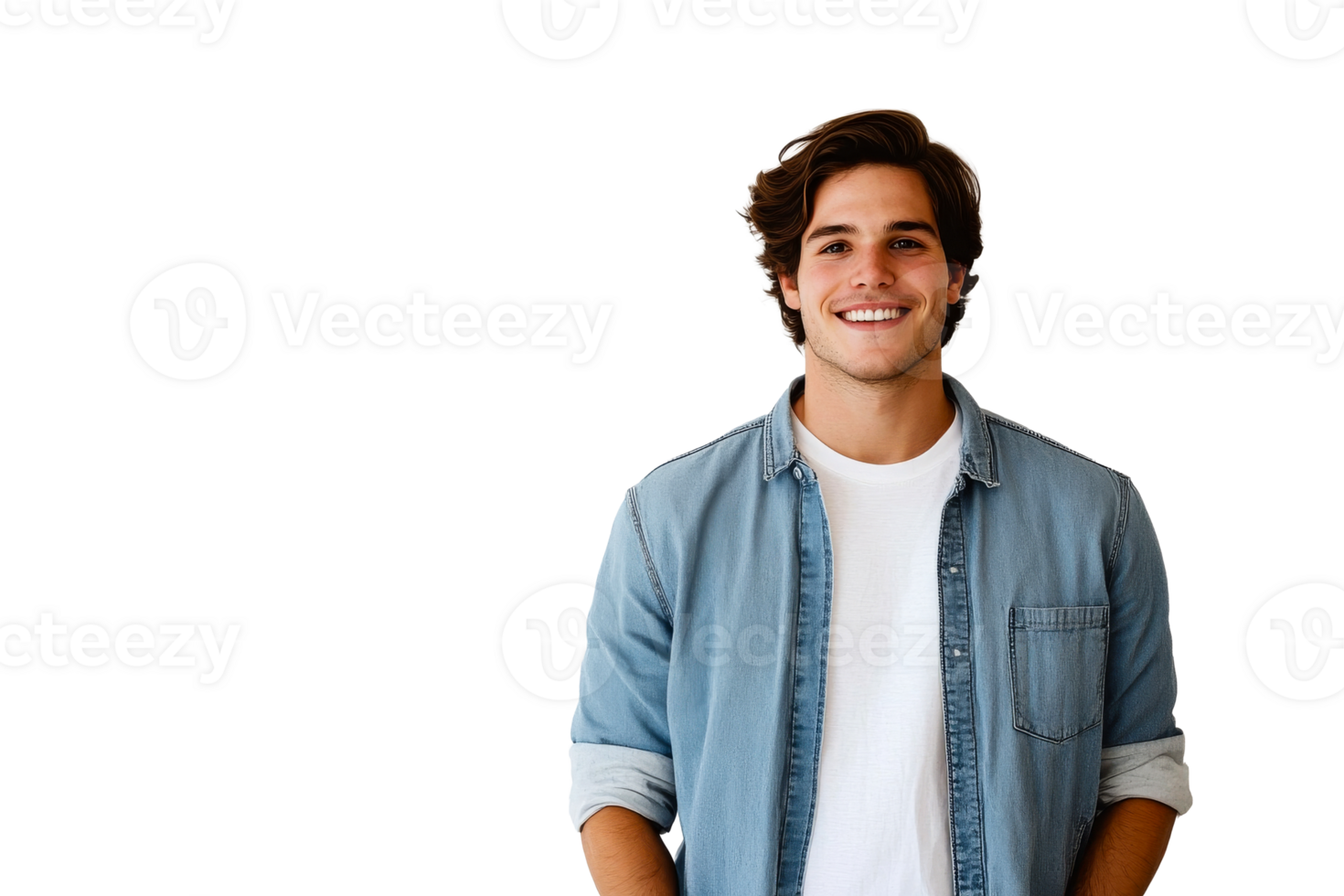 Smiling man in denim shirt looking forward, cut out transparent png