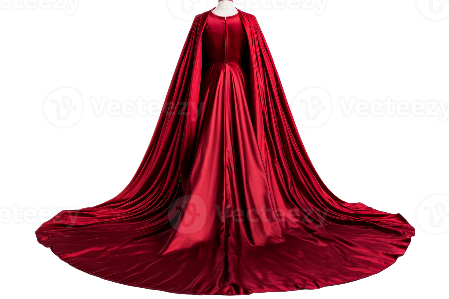 Elegant long red satin dress and cape, flowing train, cut out transparent png