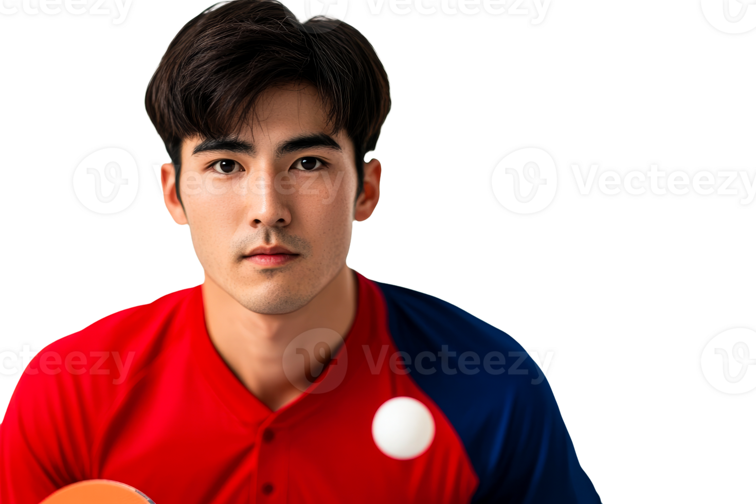 Determined baseball player in red and blue uniform portrait, cut out transparent png