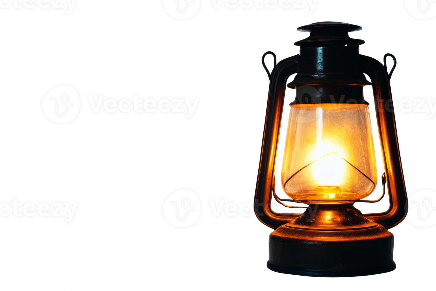 Old fashioned lantern, illuminated with warm light, cut out transparent png