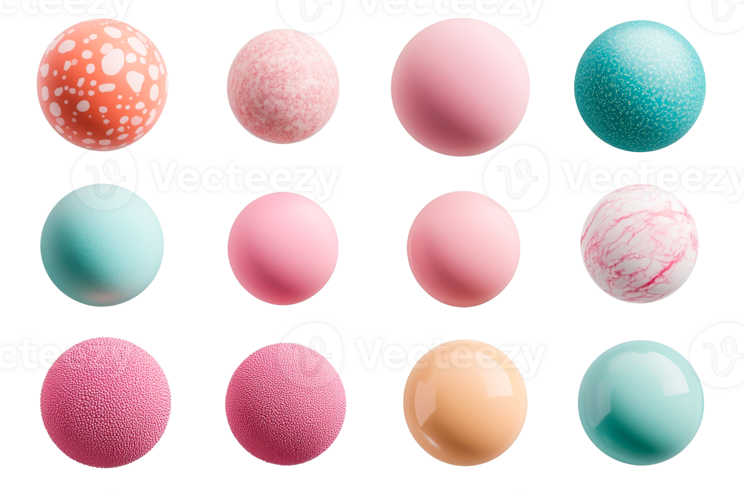 Twelve colorful textured spheres, isolated against black background, cut out transparent png