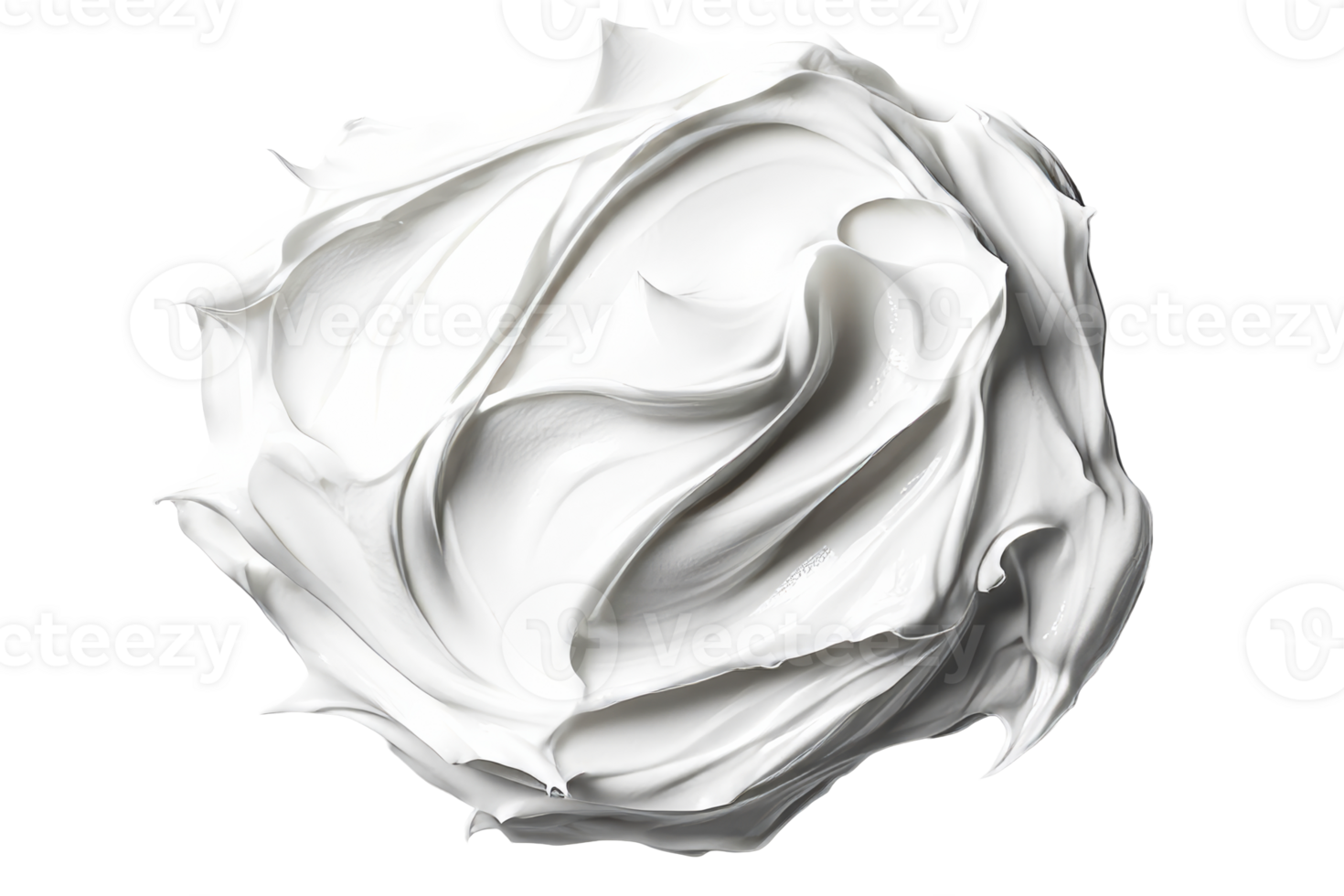 Swirls of thick white cream form textured abstract sphere, cut out transparent png