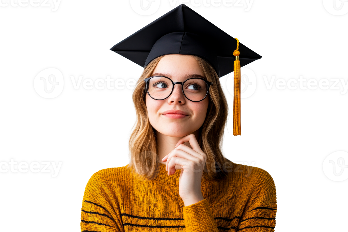 Graduate in graduation cap thinking, isolated cutout transparent png