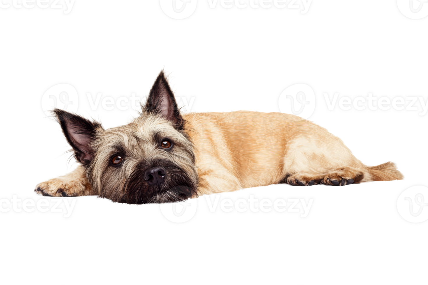 Adorable tan dog lying down, relaxed, looking at viewer, cut out transparent png