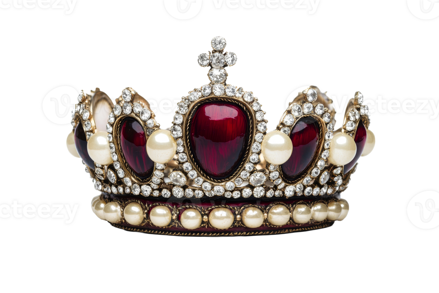 Detailed crown ornate with gems and pearls, elegant headdress, cut out transparent png