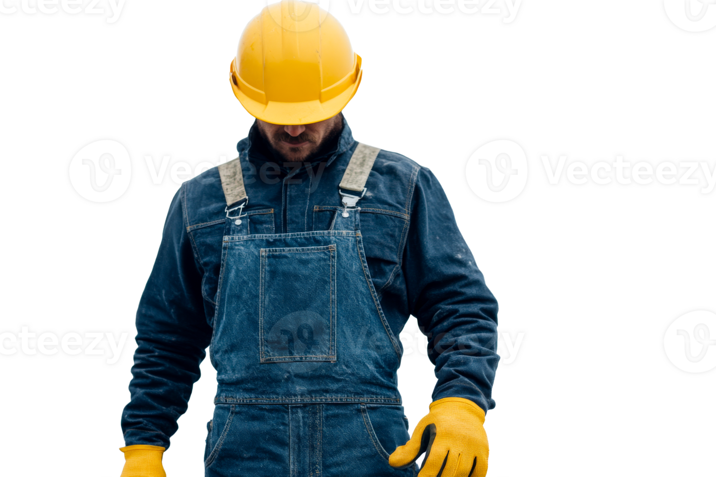 Construction worker in overalls, helmet and gloves, cut out transparent png
