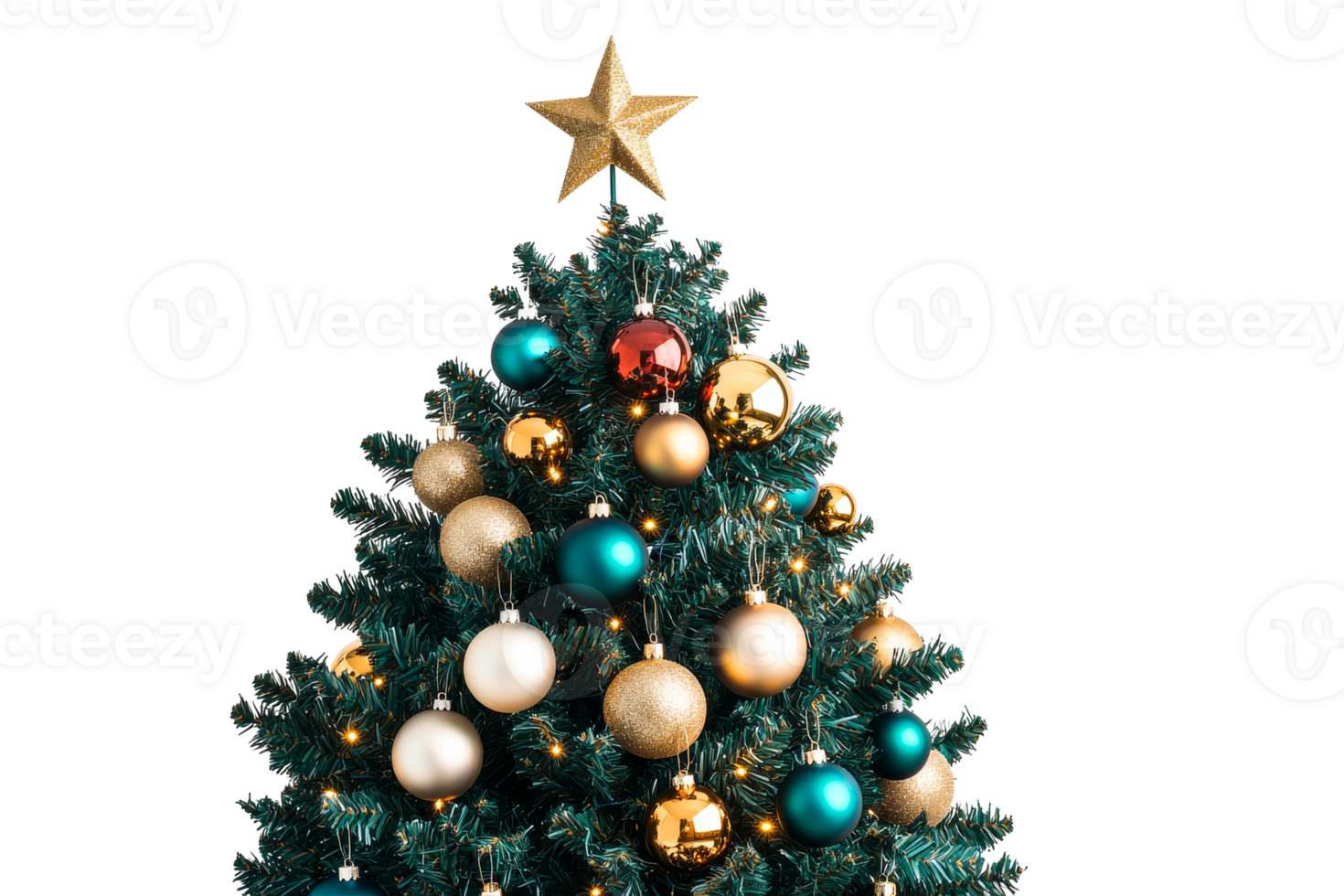 Christmas tree adorned with colorful ornaments, cut out transparent png