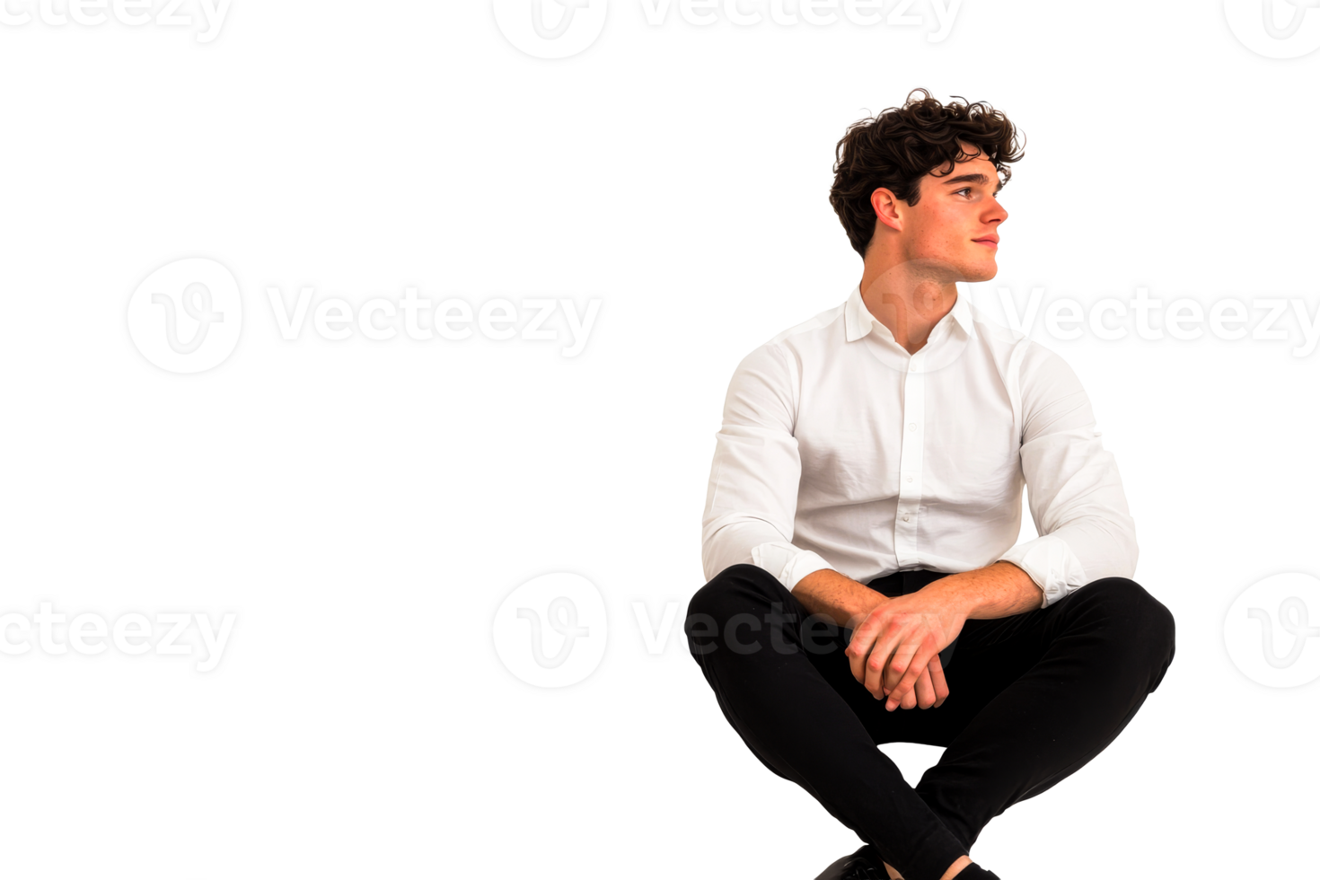 Brunette man, white shirt, sitting pose, black background, cut out transparent png