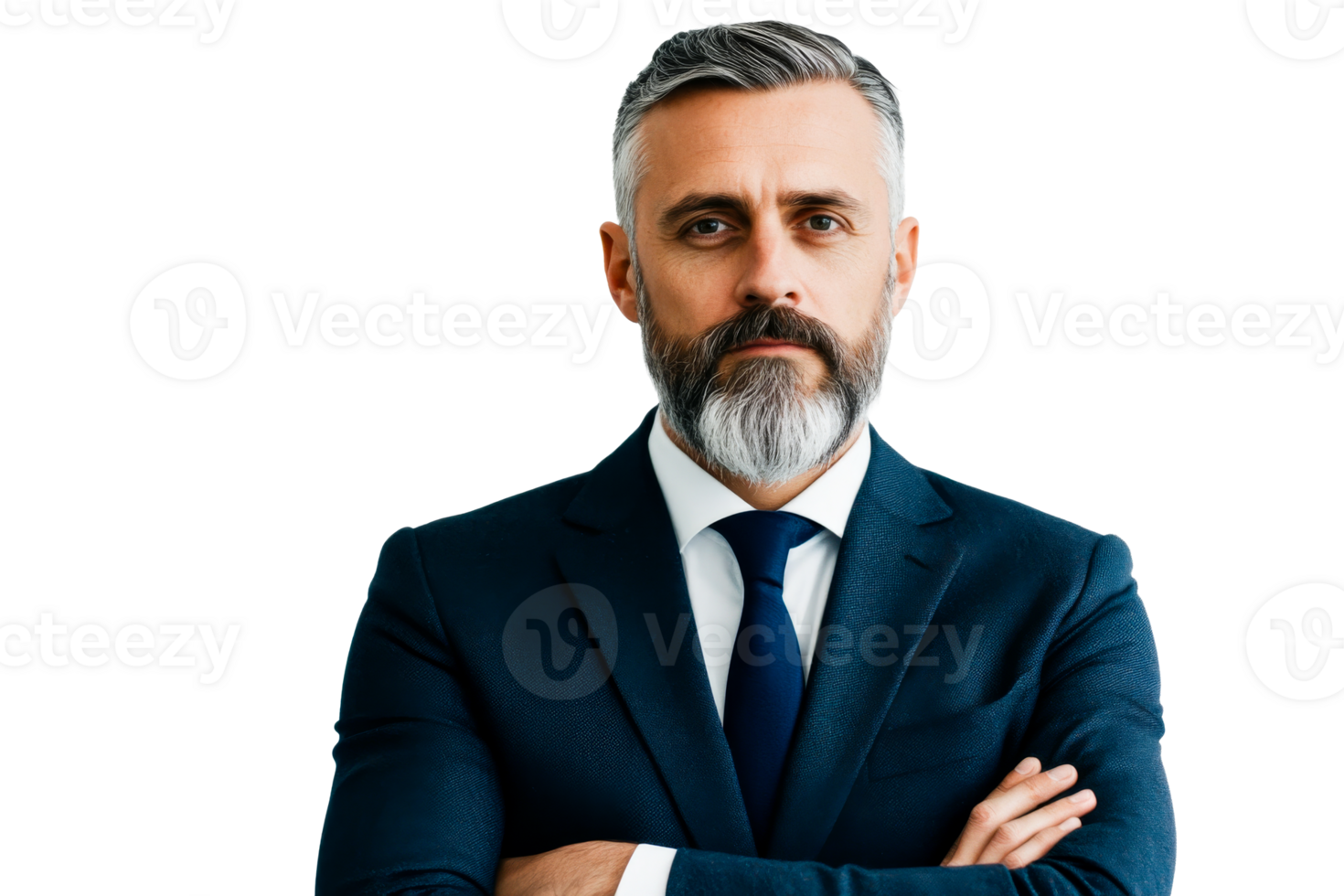 Middle-aged man in a suit posing, arms crossed, against a black background, cut out transparent png