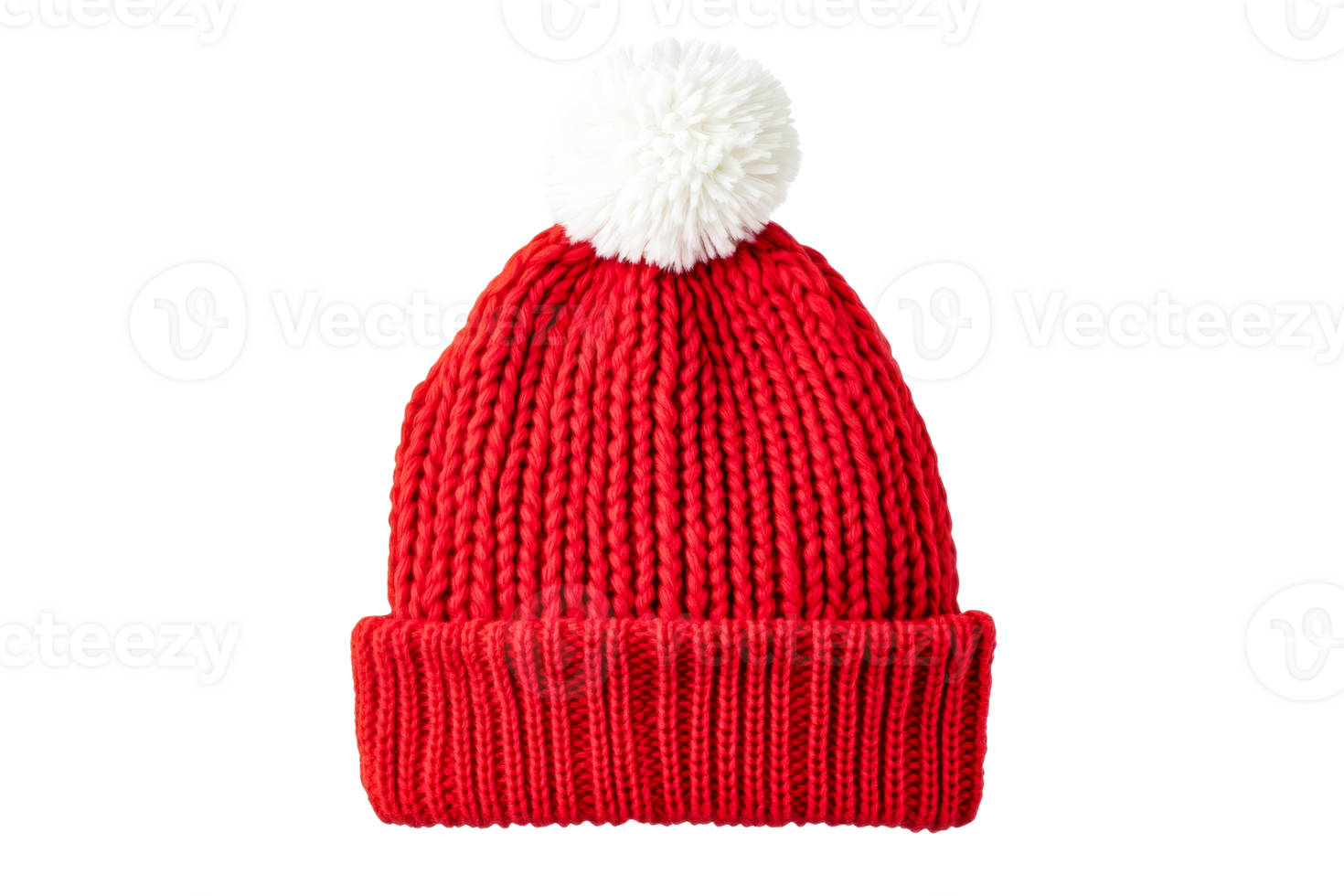 Red knitted hat with white pompom winter headwear apparel, cut out transparent png