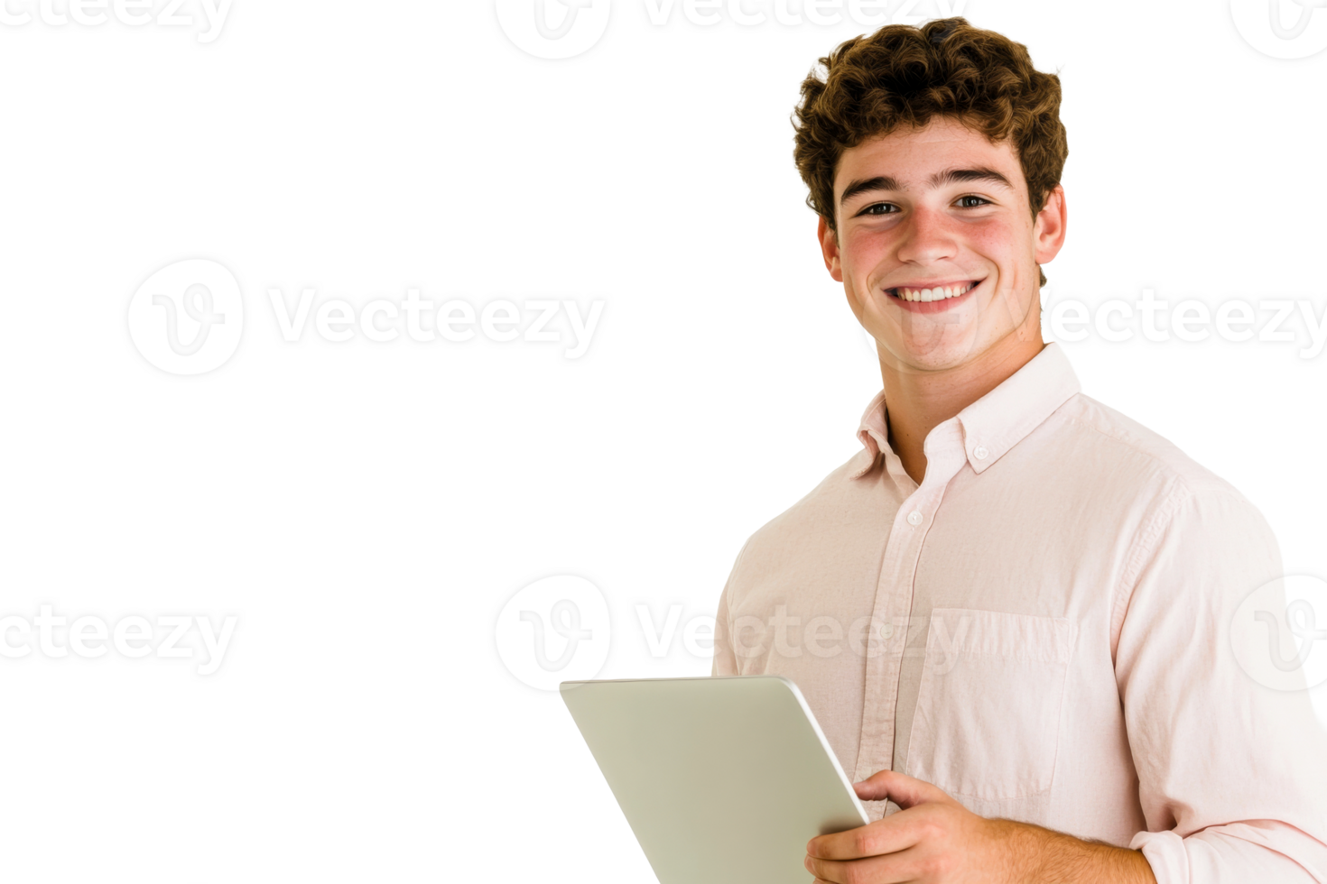 Smiling teenager holding tablet, presentation, cut out transparent png