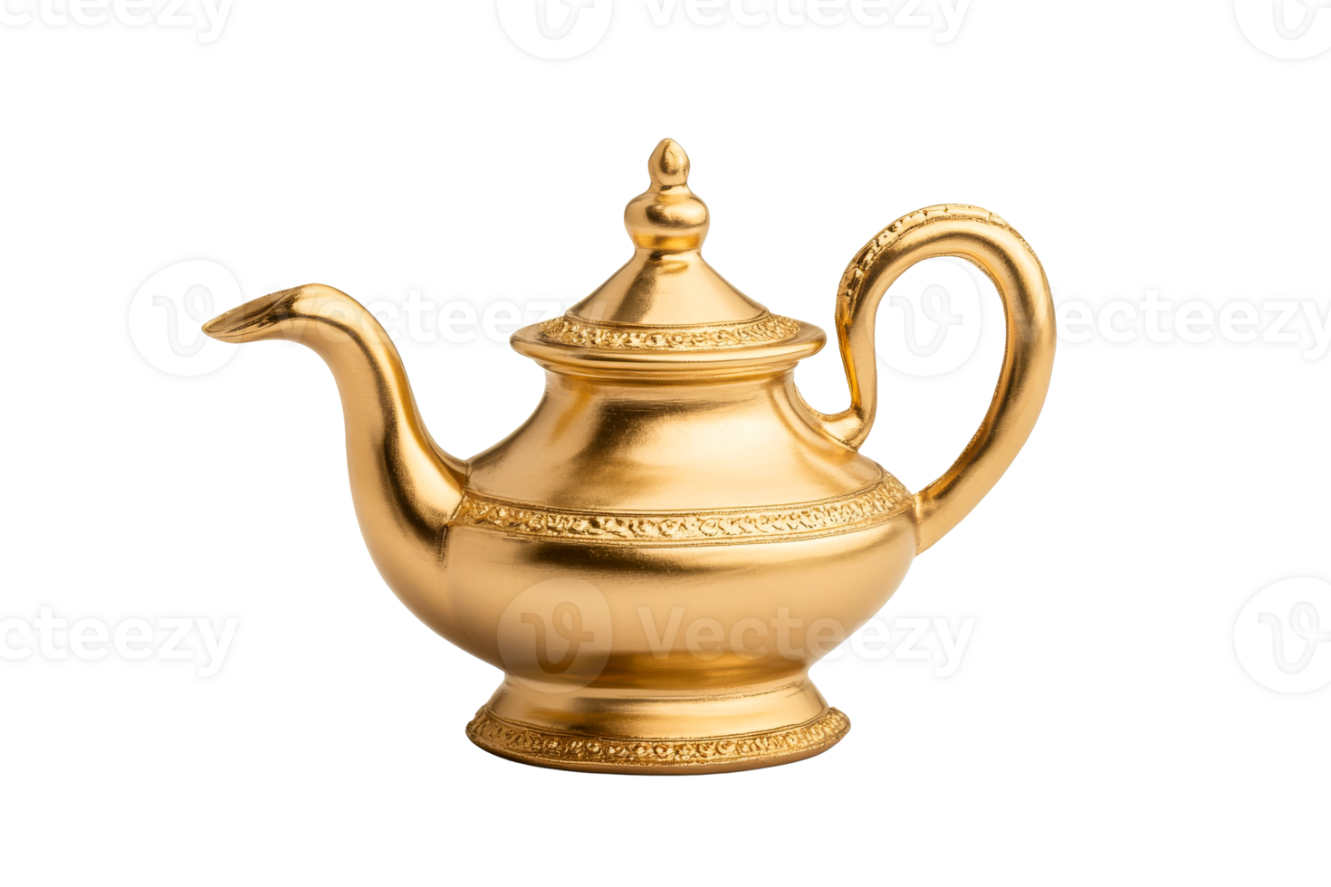 Ornate golden teapot with curved spout and handle, cut out transparent png