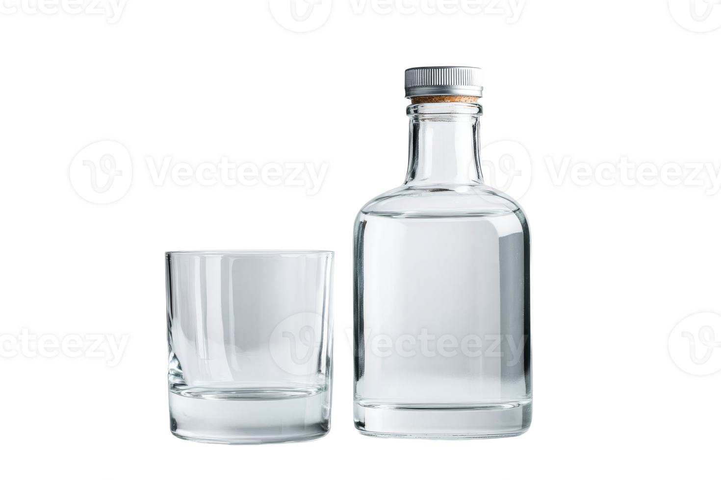 Bottle and glass filled with clear liquid stand side by side, cut out transparent png