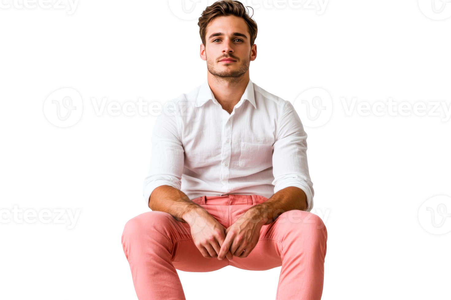 Man portrait with folded arms on knees, looking at camera, cut out transparent png