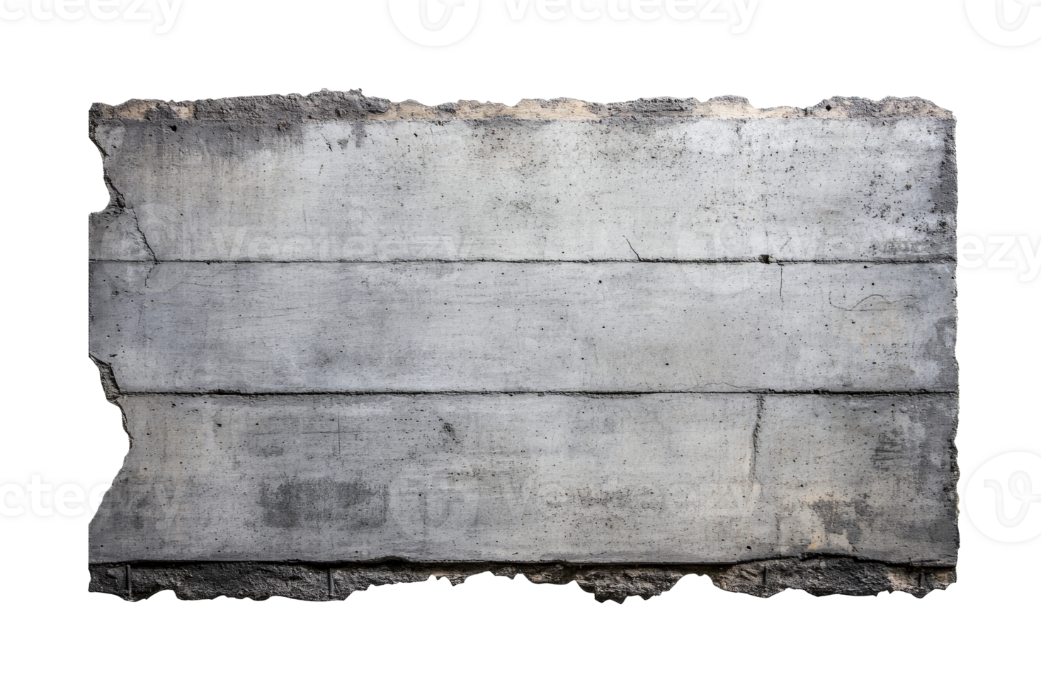 Damaged concrete wall section with cracks and textures, cut out transparent png
