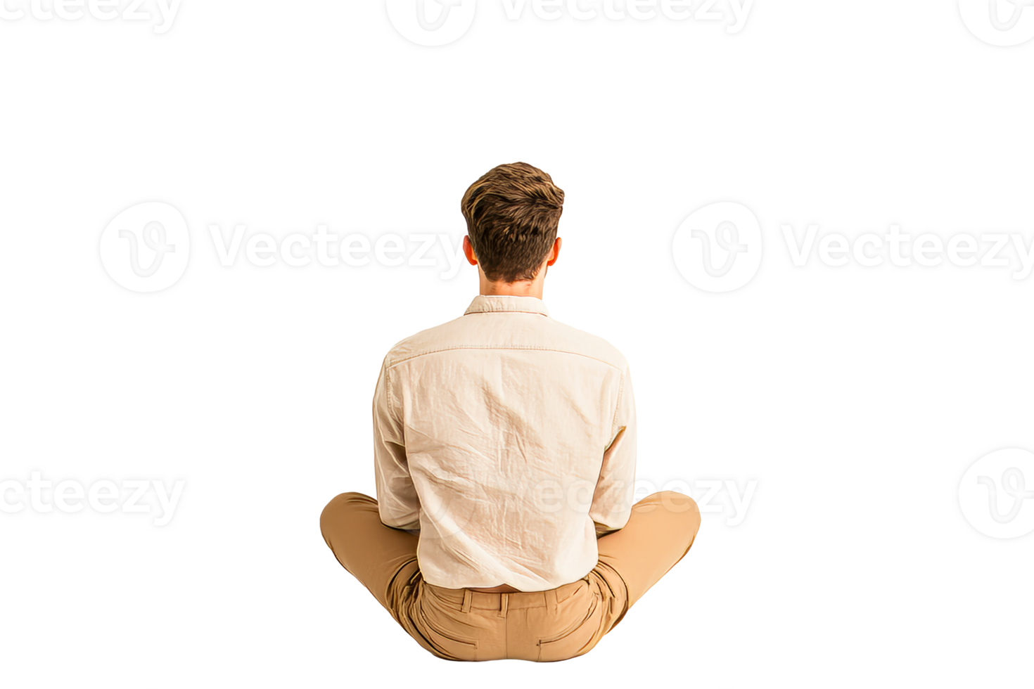 Rear view of man sitting cross-legged, relaxation posture, cut out transparent png