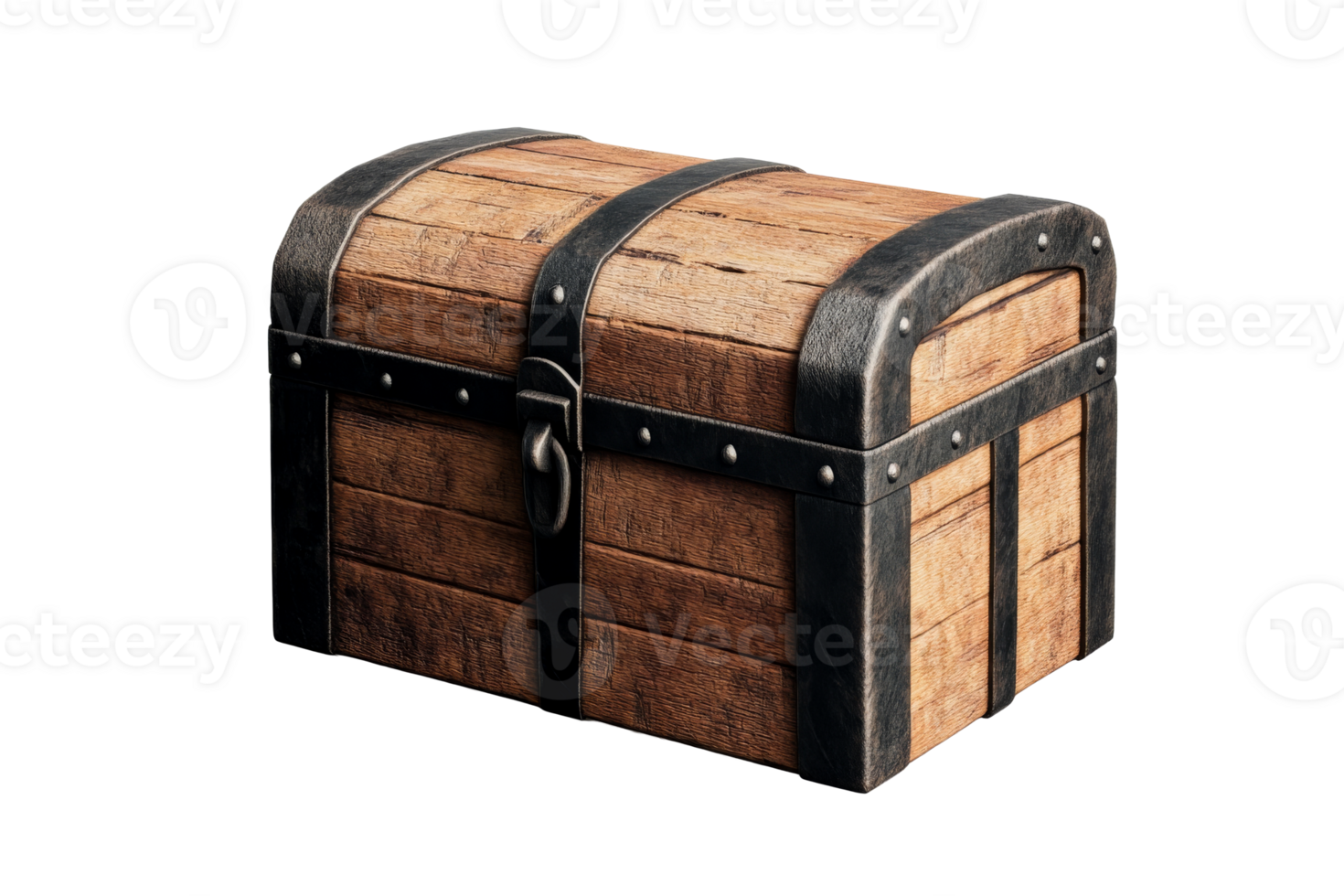 Old wooden chest with metal trim, vintage look, 3D render, cut out transparent png