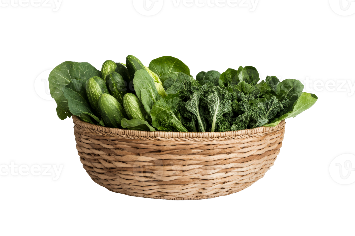 Basket filled with cucumbers, kale, and green vegetables, cut out transparent png