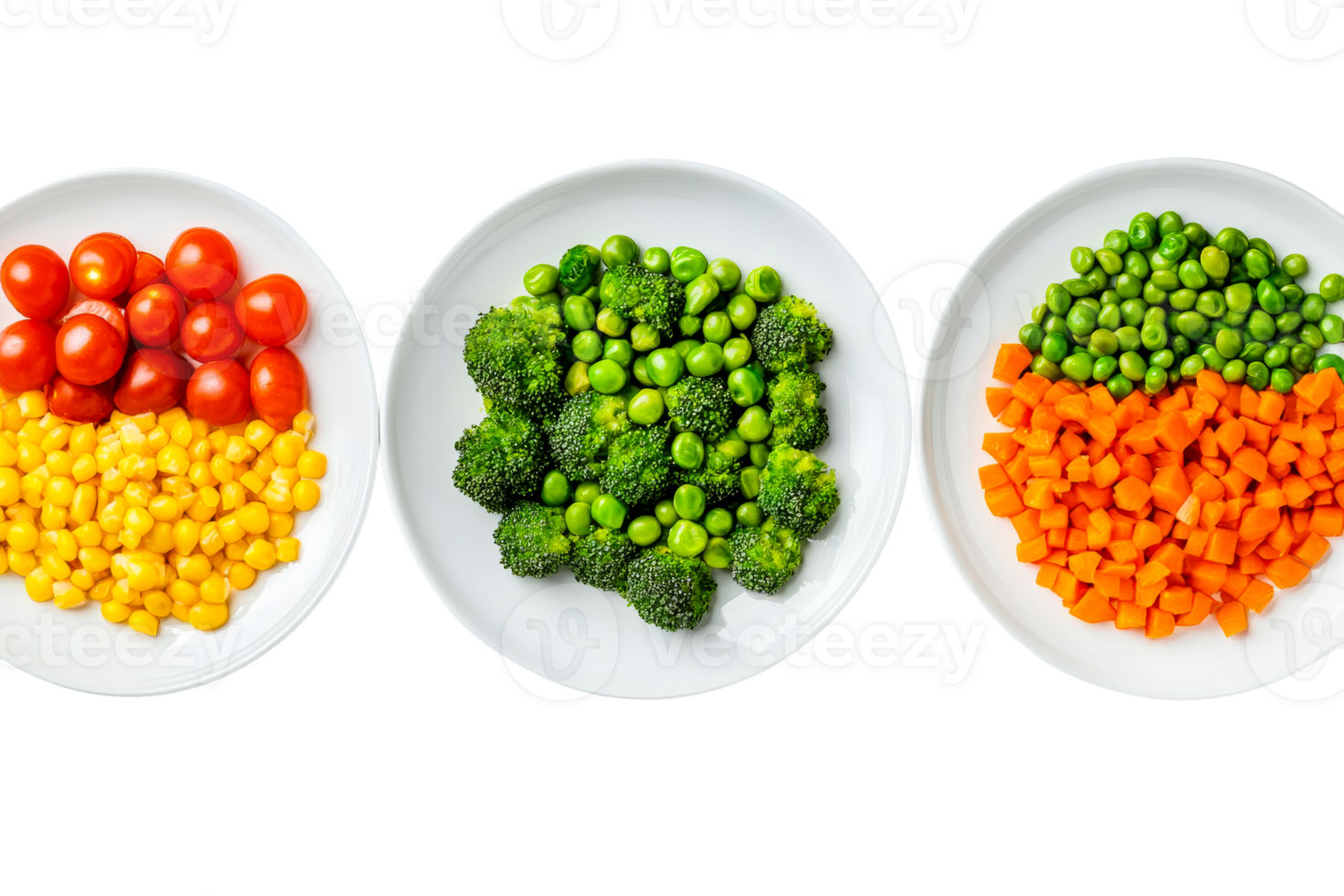 Variety of fresh vegetables on plates, cut out transparent png