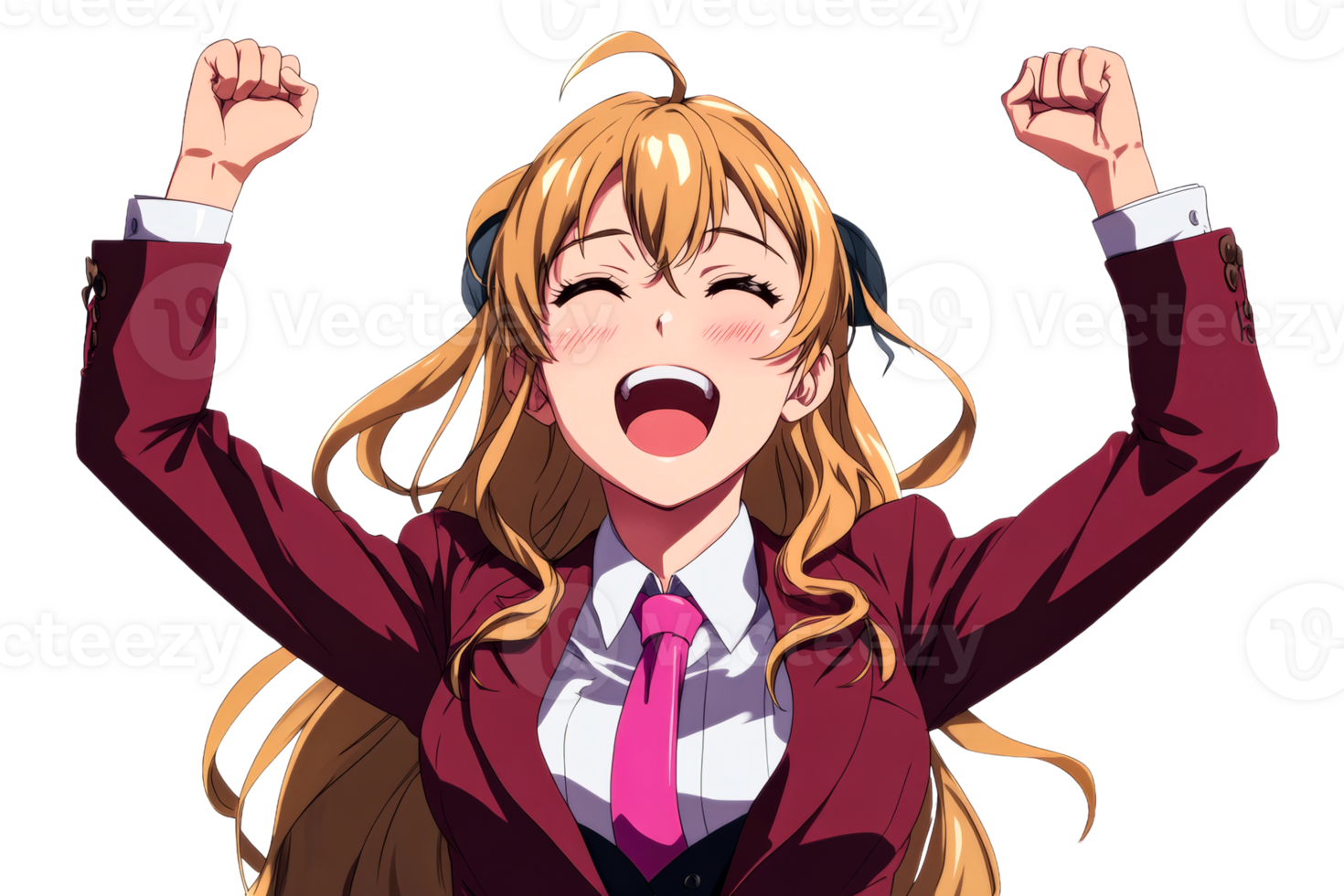Excited anime girl raises fists in success, happy expression, cut out transparent png