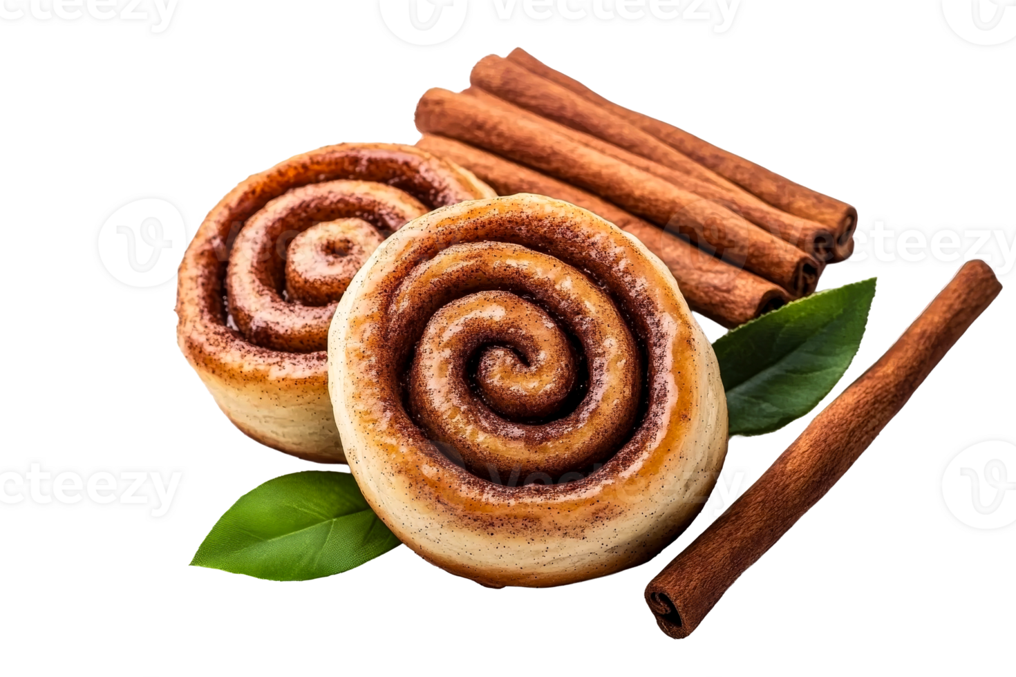 Cinnamon rolls with cinnamon sticks, green leaves, isolated, cut out transparent png