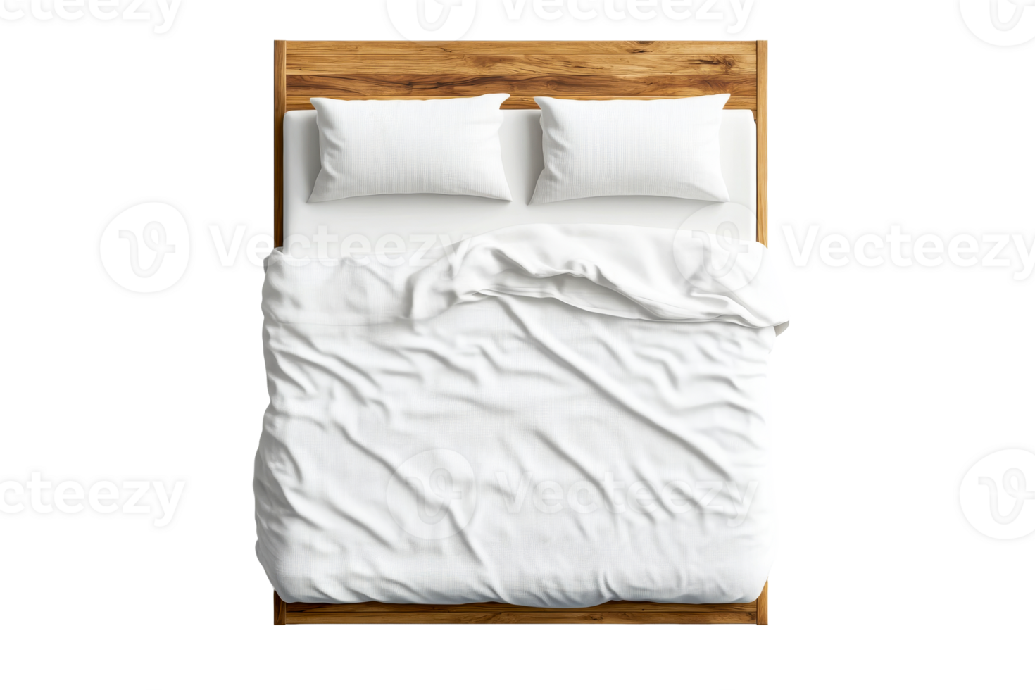 Bed with pillows and blanket, top view, isolated, cut out transparent png