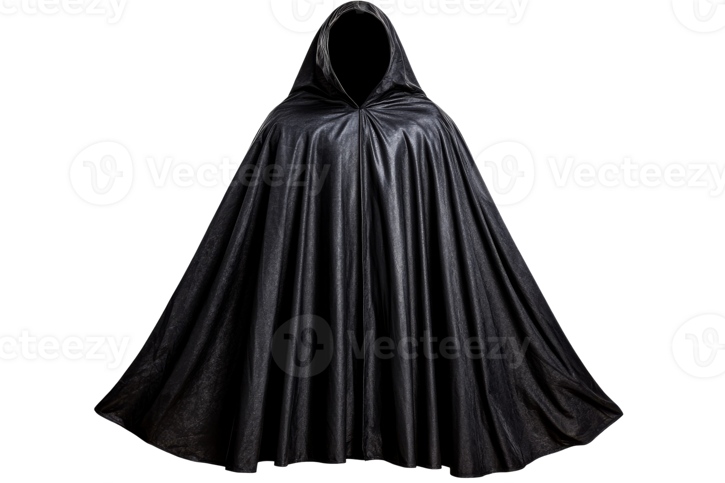 Dark hooded cloak with dramatic folds, cut out transparent png