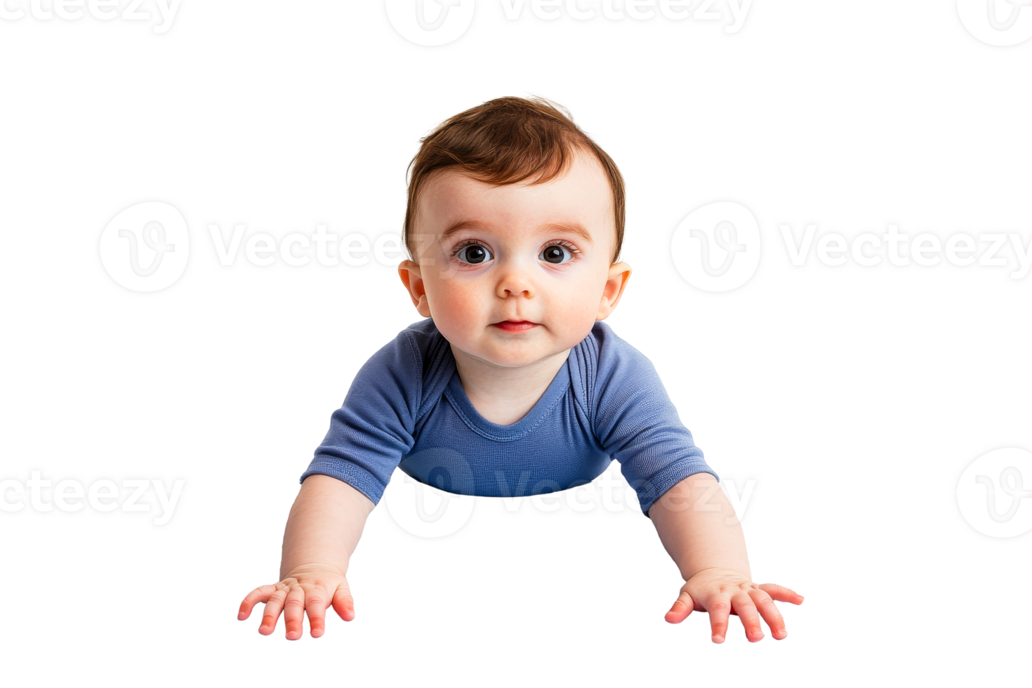 Cute baby in blue bodysuit lying on stomach, looking at camera, cut out transparent png