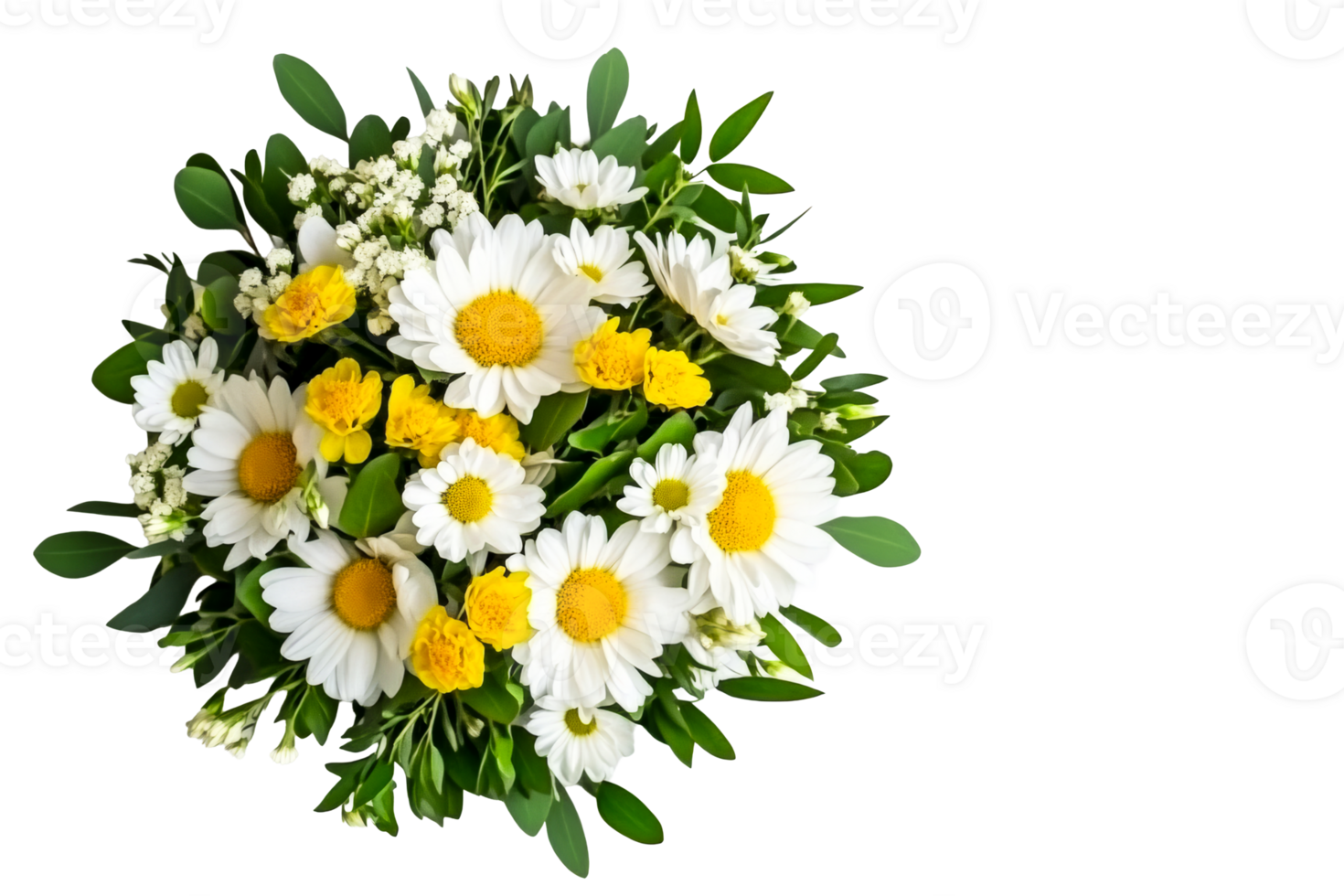 Delicate floral arrangement of daisies and buttercups, cut out transparent png