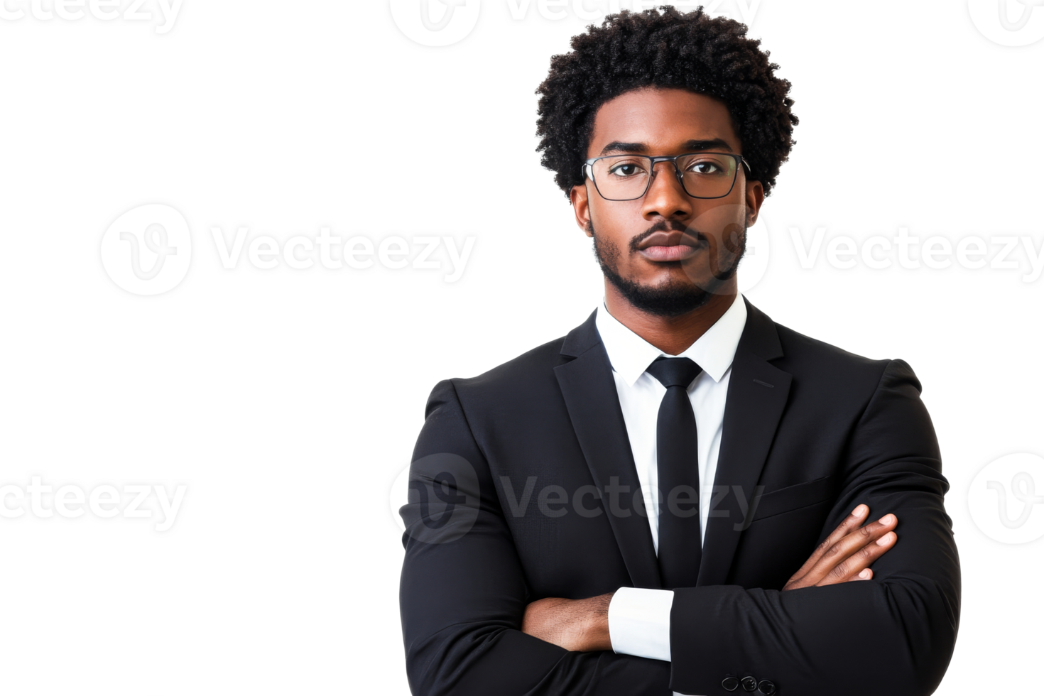 Confident businessman in suit posing with arms crossed, cut out transparent png
