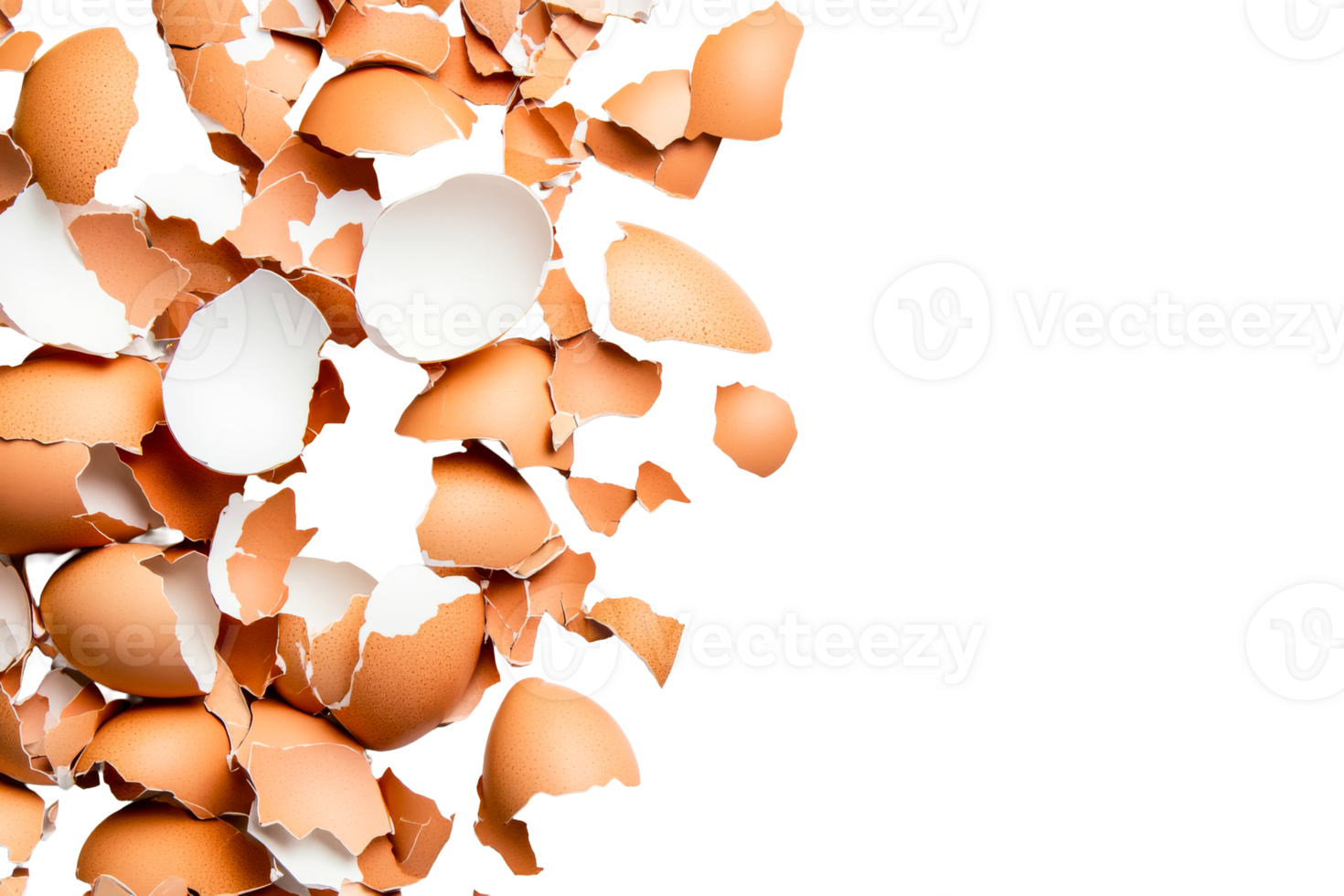 Brown eggshell fragments on a black background, cracked, cut out transparent png