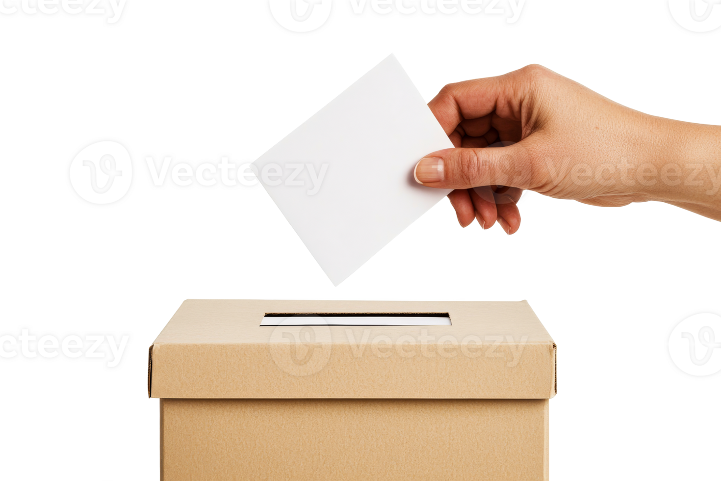 Hand depositing ballot in box, voting process, citizen participation, cut out transparent png
