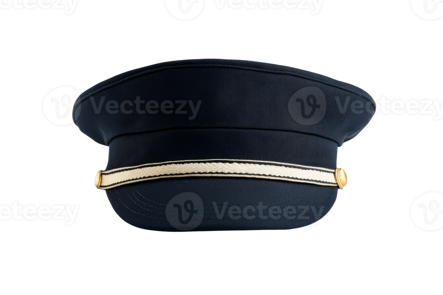 Stylish dark blue military hat with gold elements, cut out transparent png
