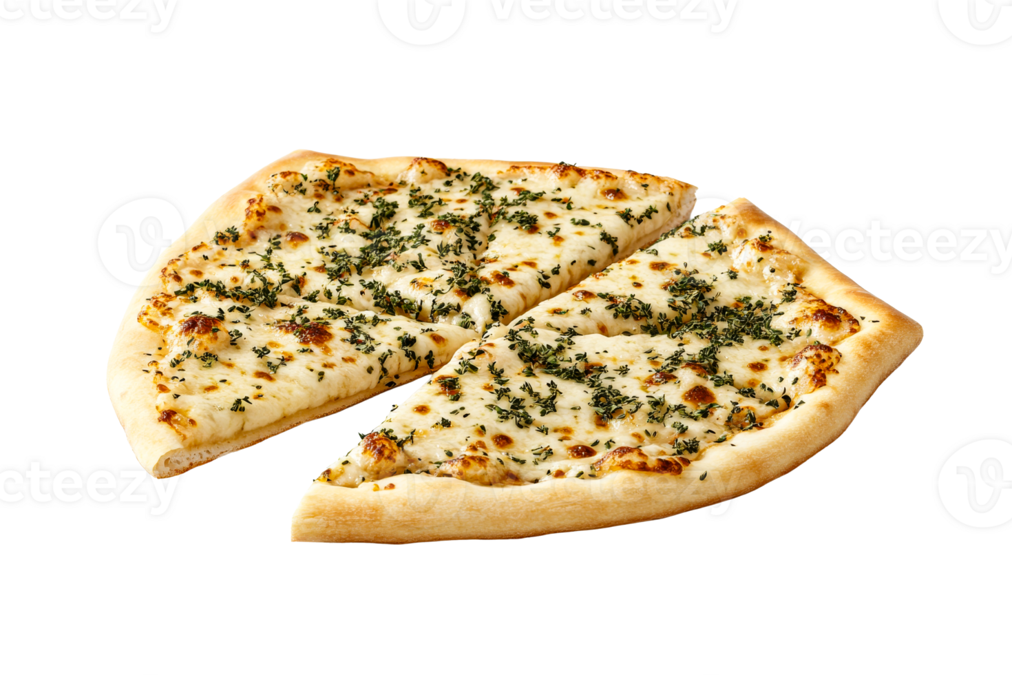Two slices of cheesy garlic bread with herbs, cut out transparent png