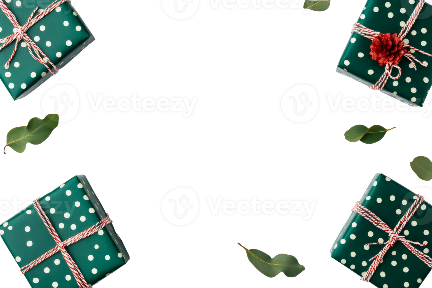 Wrapped presents with green leaves, isolated, cut out transparent png