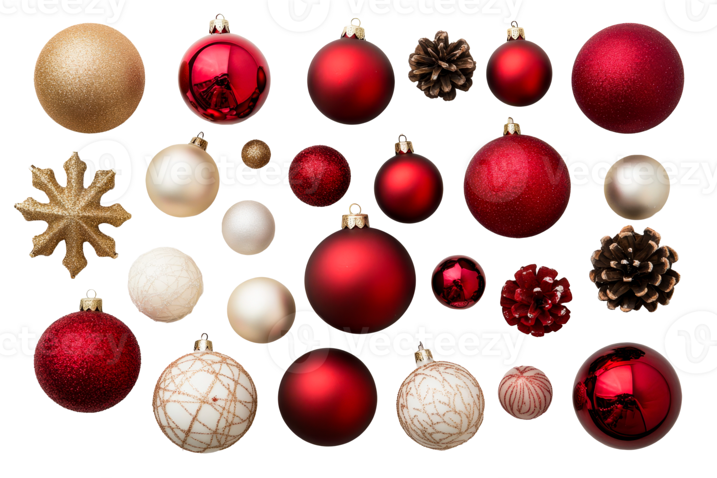 Christmas ornaments assortment on black background, cut out transparent png