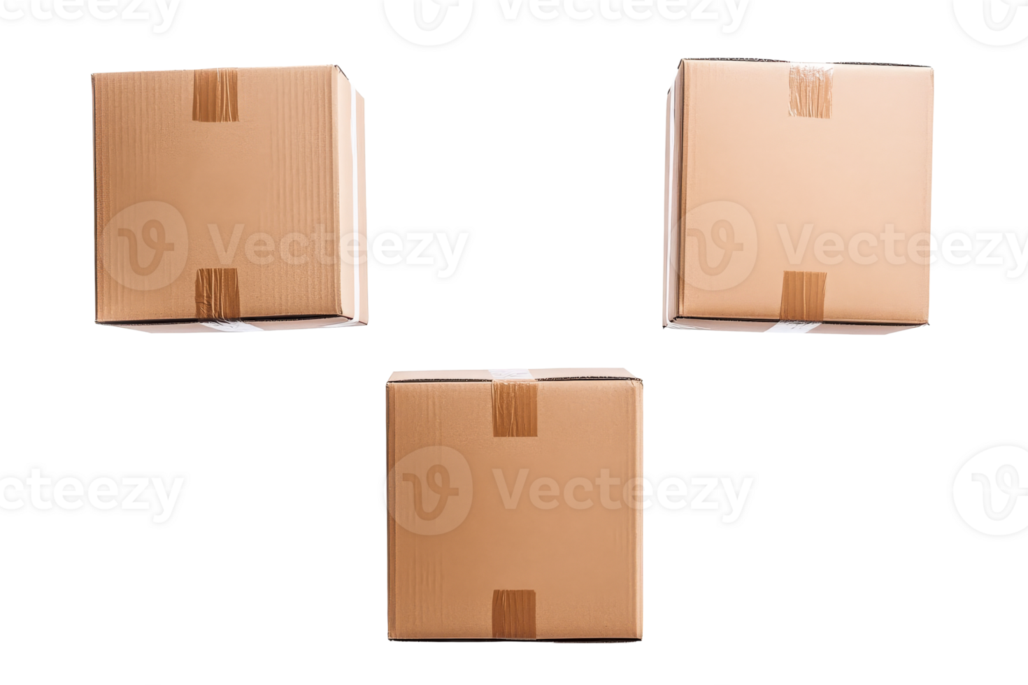 Cardboard boxes with tape on black background, cut out transparent png