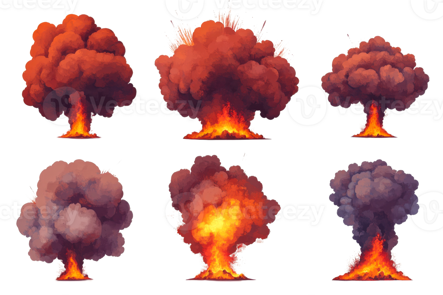 Mushroom clouds of nuclear explosions in various forms, cut out transparent png
