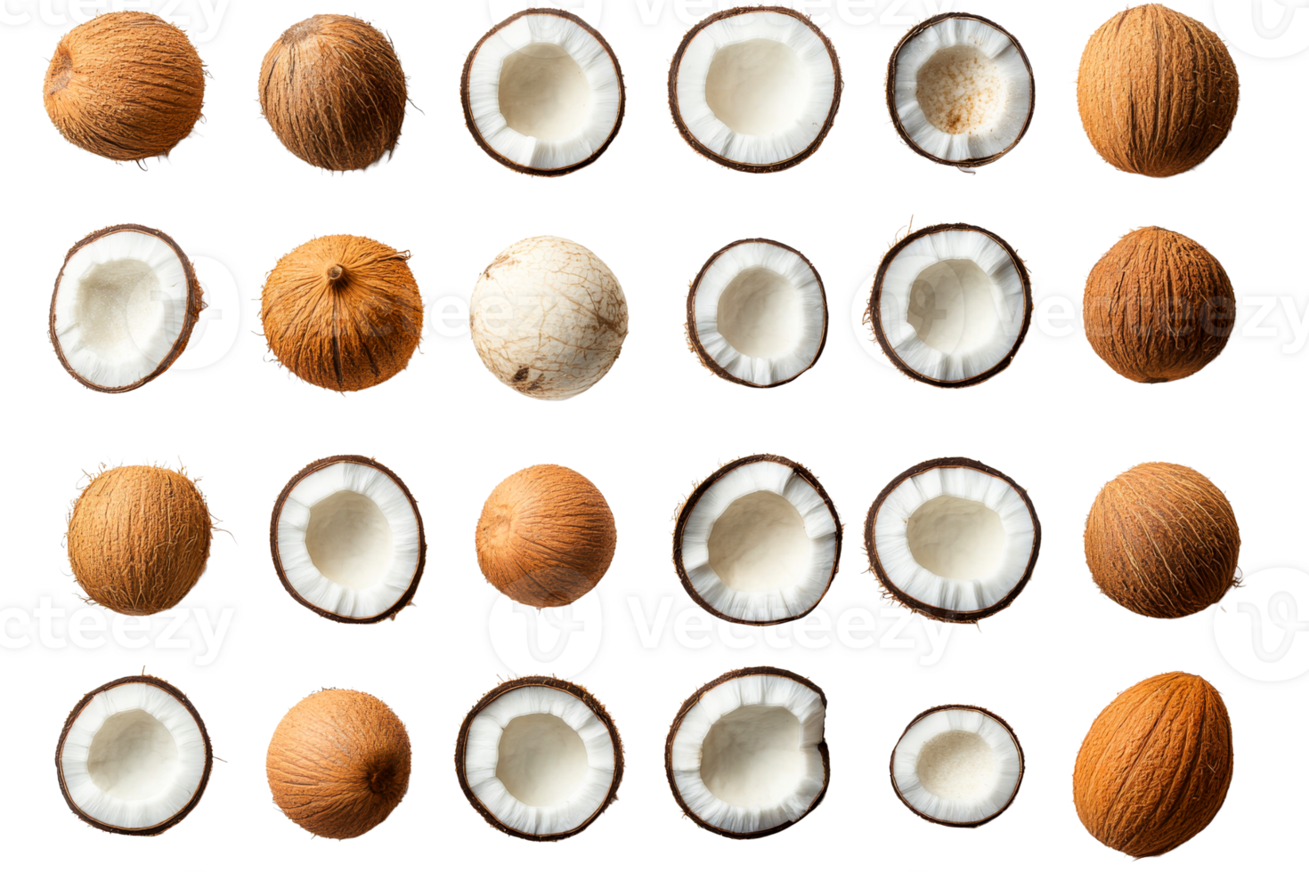 Coconuts arranged in rows, whole and halved, cut out transparent png